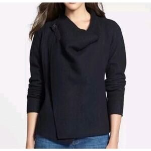 Eileen Fisher Moto Wrap Jacket Sweater – 100% Wool – Black Leather Trim – Medium